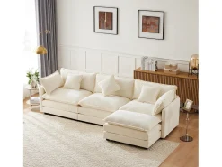 Sofá|Merax Sofá de canto de 3 lugares com pufe - 283 x 147 x 84 - Tecido Chenille - Bege