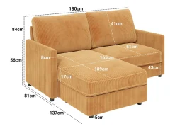 DripeX Sofá de canto de 2 -Sater - ângulo reversível para a direita / esquerda - 180x140x86cm - em tecido de veludo com nervuras - Max 300kg Load - Mostarda Amarelo^ Sofá