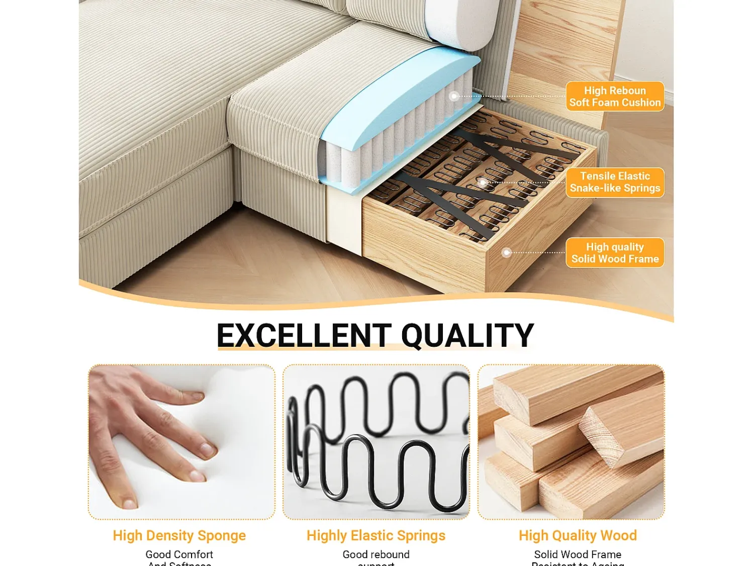 Discount DripeX Sofá de canto de 2 -Sater - ângulo reversível da direita / esquerda - 180x140x86cm - em tecido de veludo com nervuras - Max 300kg Load - Bege