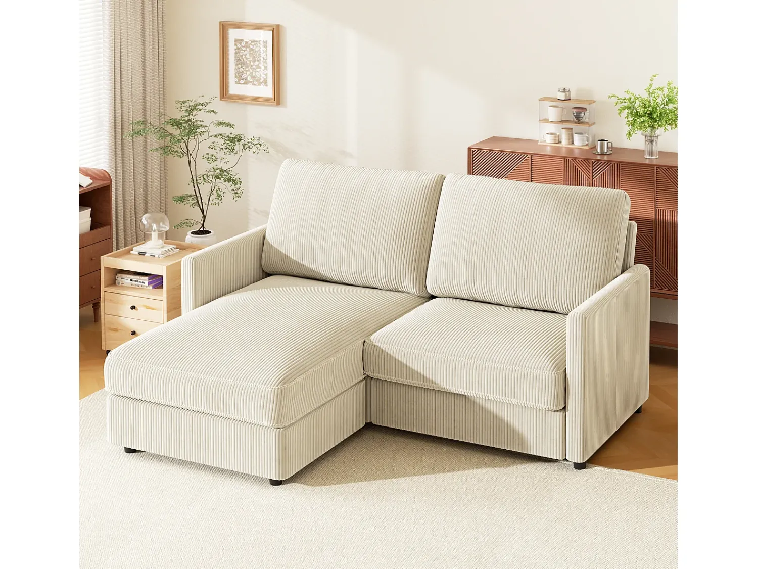 Discount DripeX Sofá de canto de 2 -Sater - ângulo reversível da direita / esquerda - 180x140x86cm - em tecido de veludo com nervuras - Max 300kg Load - Bege