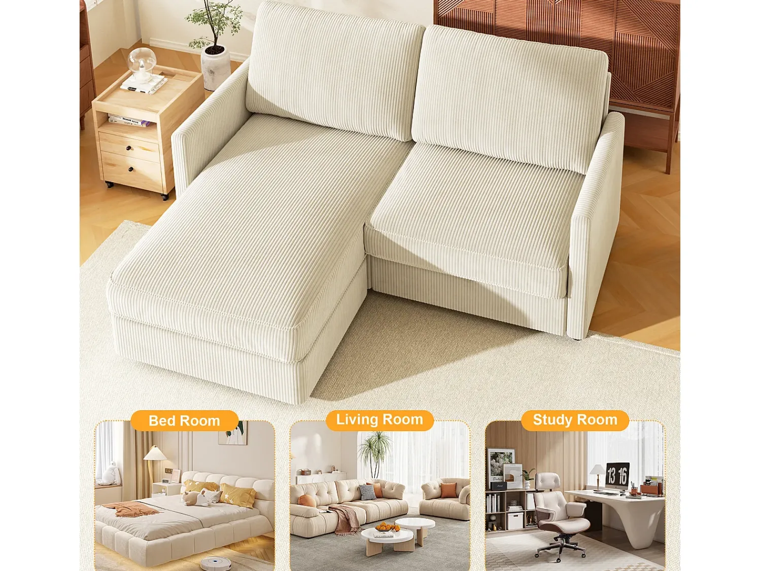 Discount DripeX Sofá de canto de 2 -Sater - ângulo reversível da direita / esquerda - 180x140x86cm - em tecido de veludo com nervuras - Max 300kg Load - Bege