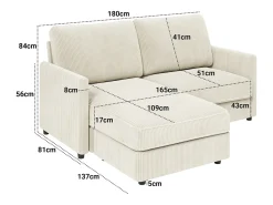 Discount DripeX Sofá de canto de 2 -Sater - ângulo reversível da direita / esquerda - 180x140x86cm - em tecido de veludo com nervuras - Max 300kg Load - Bege