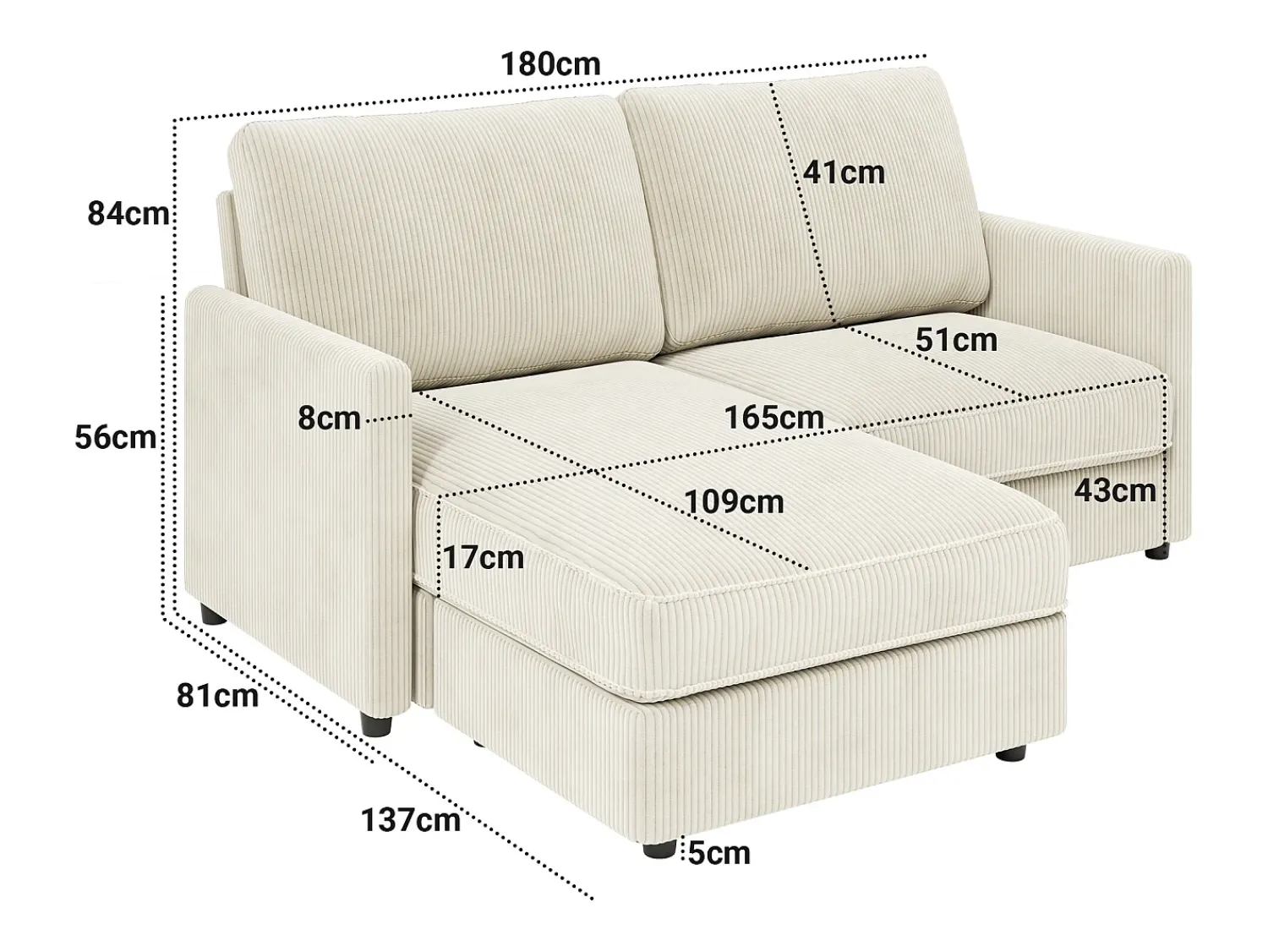 Discount DripeX Sofá de canto de 2 -Sater - ângulo reversível da direita / esquerda - 180x140x86cm - em tecido de veludo com nervuras - Max 300kg Load - Bege