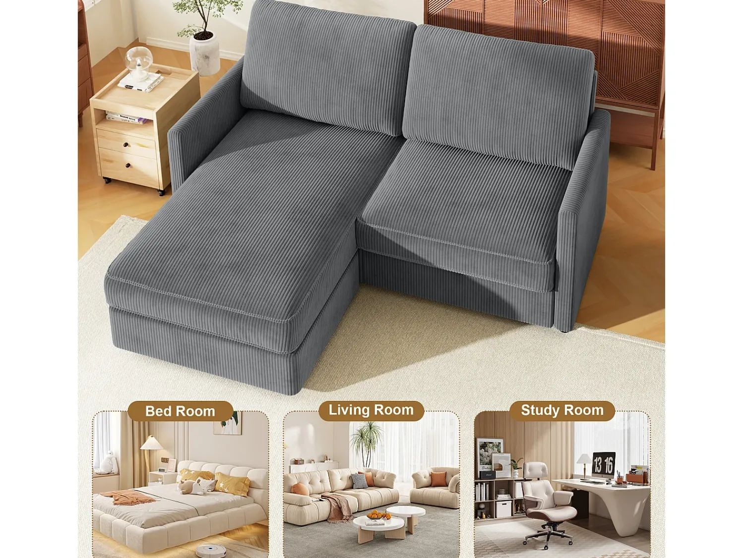 Sofá|DripeX Sofá de canto de 2 -Sater - ângulo reversível da direita / esquerda - 180x140x86cm - em tecido de veludo com nervuras - Max 300kg Load - Antracite cinza Cinza antracite