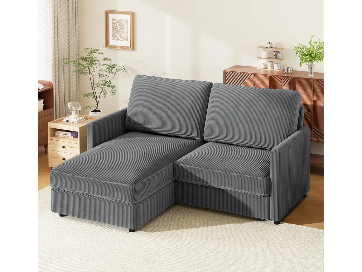 Sofá|DripeX Sofá de canto de 2 -Sater - ângulo reversível da direita / esquerda - 180x140x86cm - em tecido de veludo com nervuras - Max 300kg Load - Antracite cinza Cinza antracite