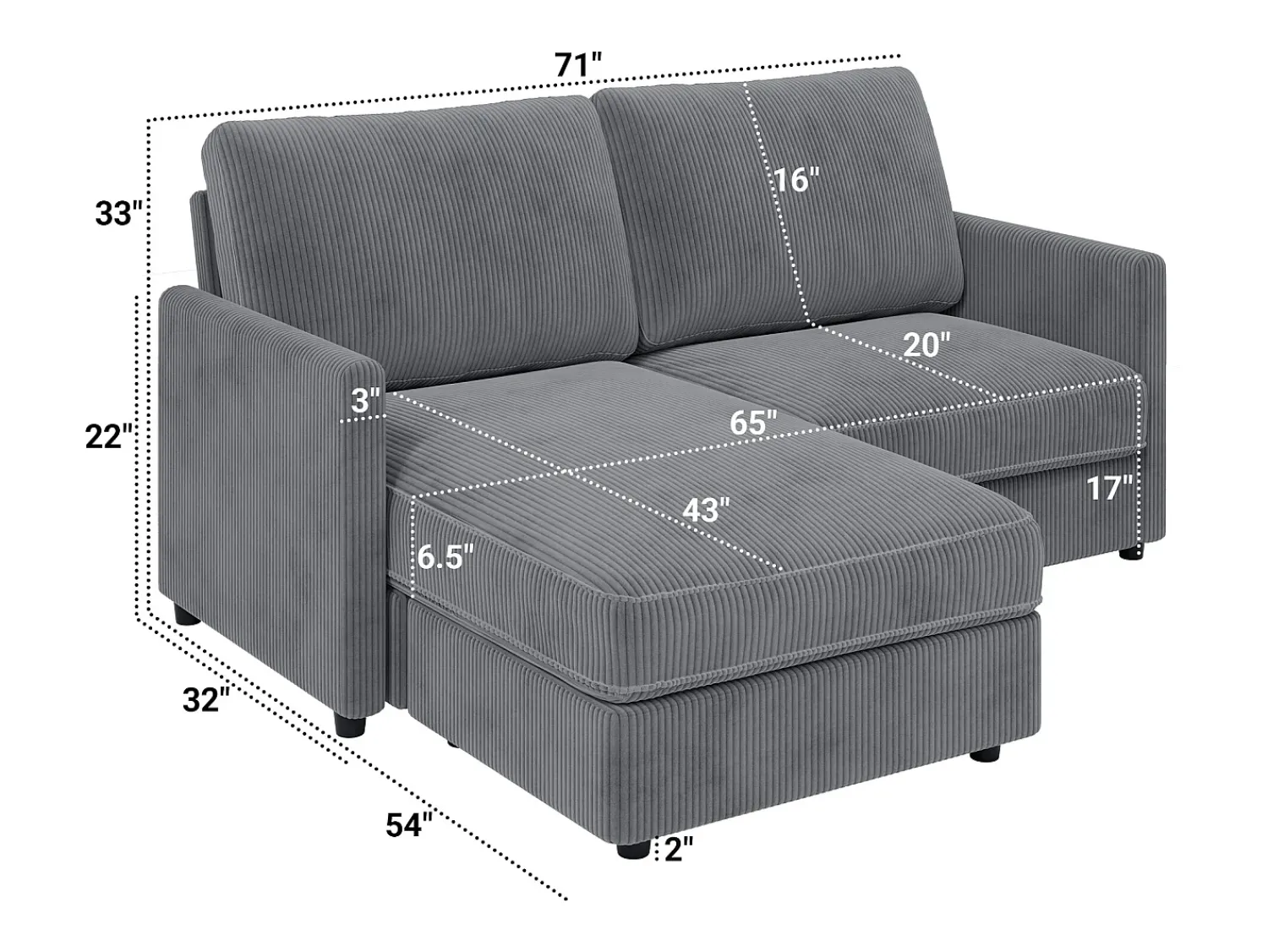 Sofá|DripeX Sofá de canto de 2 -Sater - ângulo reversível da direita / esquerda - 180x140x86cm - em tecido de veludo com nervuras - Max 300kg Load - Antracite cinza Cinza antracite