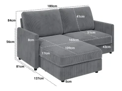 Sofá|DripeX Sofá de canto de 2 -Sater - ângulo reversível da direita / esquerda - 180x140x86cm - em tecido de veludo com nervuras - Max 300kg Load - Antracite cinza Cinza antracite