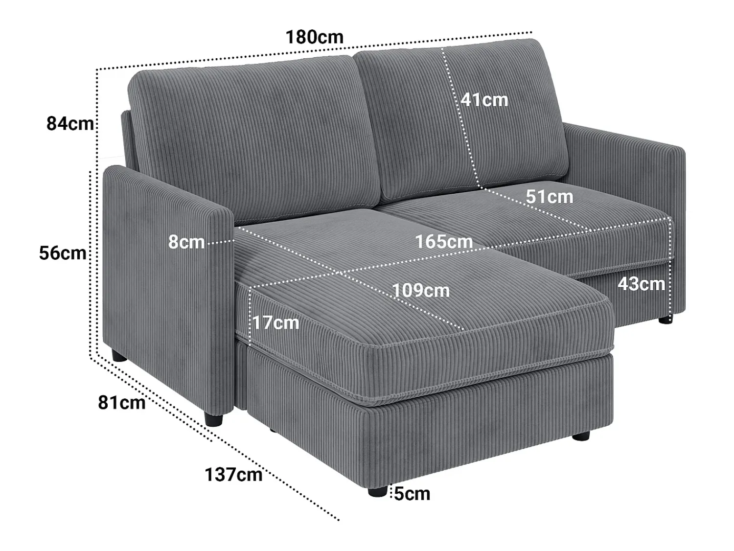 Sofá|DripeX Sofá de canto de 2 -Sater - ângulo reversível da direita / esquerda - 180x140x86cm - em tecido de veludo com nervuras - Max 300kg Load - Antracite cinza Cinza antracite