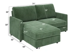 Sofá|DripeX Sofá de canto de 2 -Sater - ângulo reversível para a direita / esquerda - 180x140x86cm - em tecido de veludo com nervuras - carga máxima de 300 kg - Verde