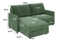 Sofá|DripeX Sofá de canto de 2 -Sater - ângulo reversível para a direita / esquerda - 180x140x86cm - em tecido de veludo com nervuras - carga máxima de 300 kg - Verde