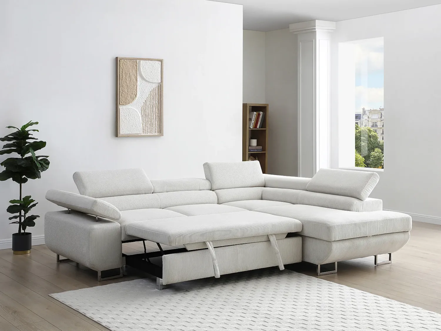 Discount Vente-unique Sofá de canto direito convertível veludo canelado NURAZIO Bege