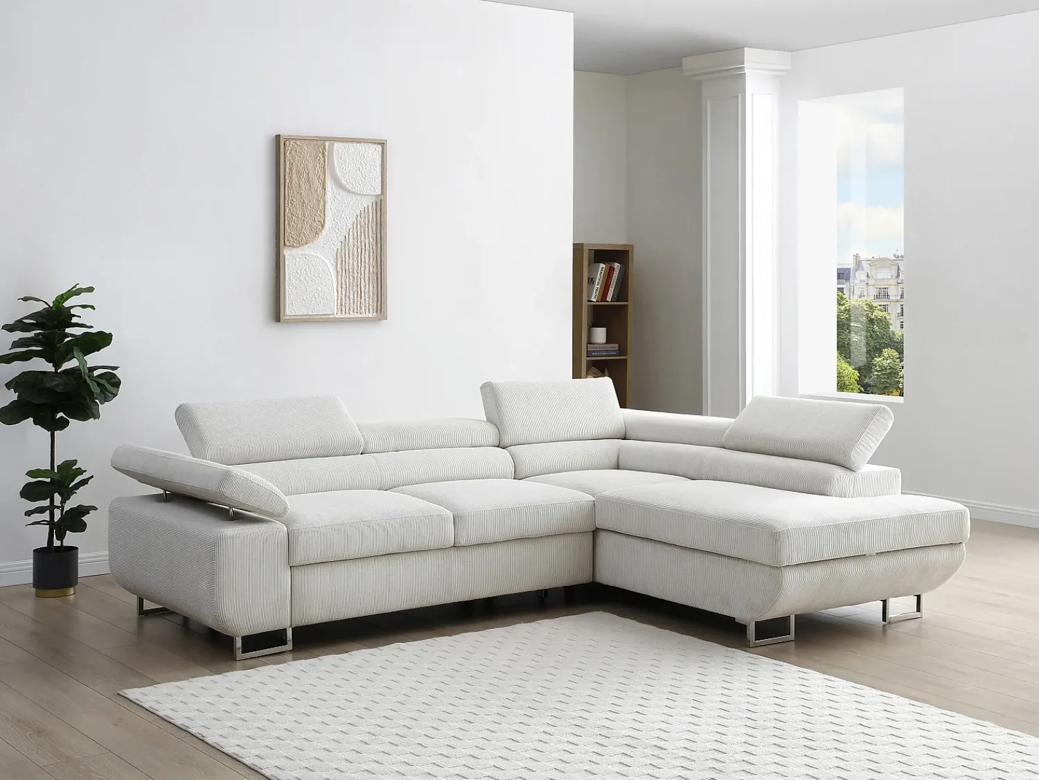 Discount Vente-unique Sofá de canto direito convertível veludo canelado NURAZIO Bege