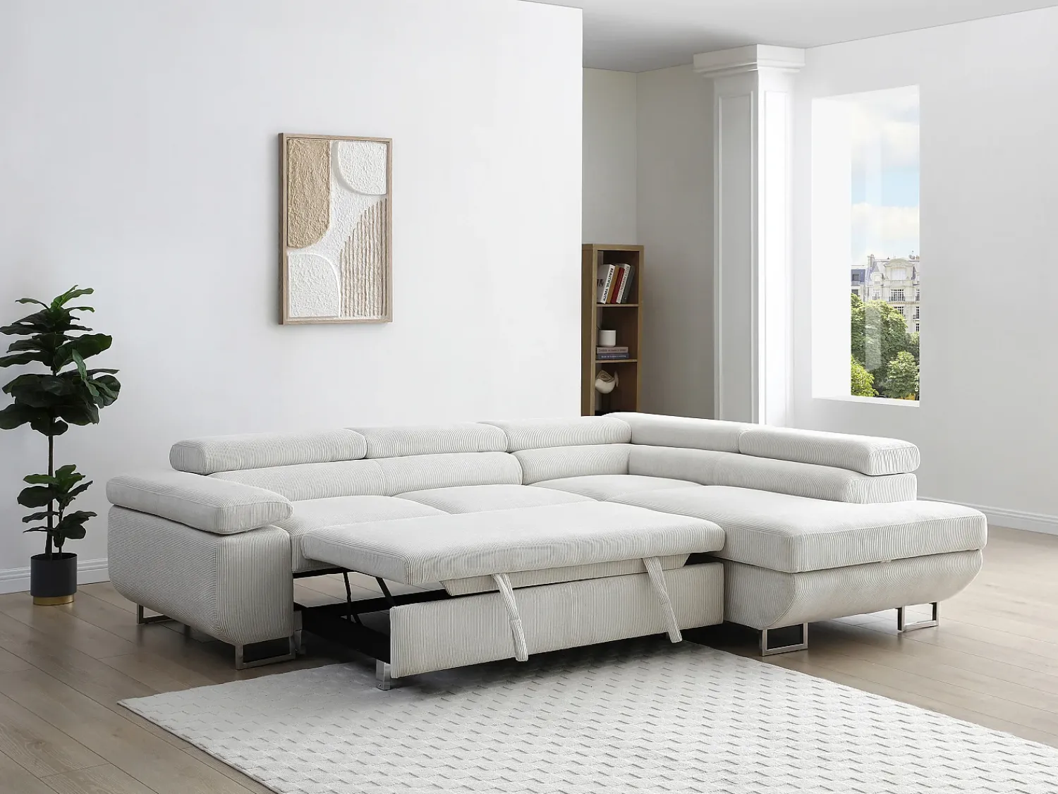 Discount Vente-unique Sofá de canto direito convertível veludo canelado NURAZIO Bege