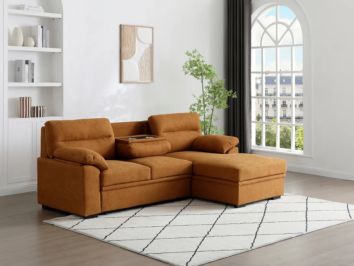 Discount Vente-unique Sofá de canto direito conversível em tecido ULENIO Terracota