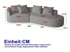Sofá|DripeX Sofá de Canto Direito Moderno Superdimensionado 4 Lugares, com 4 Almofadas, Chaise Longue Curva, Tecido Chenille, Cinza Antracito Cinza antracite