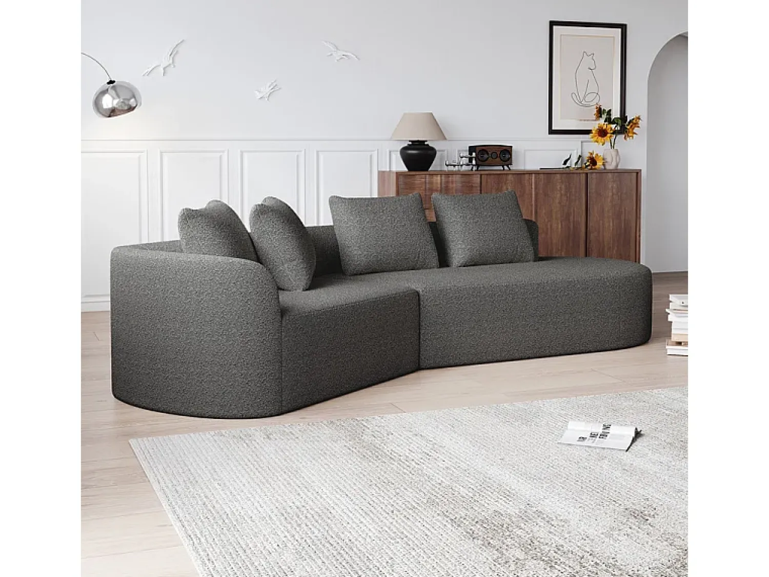 Sofá|DripeX Sofá de Canto Direito Moderno Superdimensionado 4 Lugares, com 4 Almofadas, Chaise Longue Curva, Tecido Chenille, Cinza Antracito Cinza antracite
