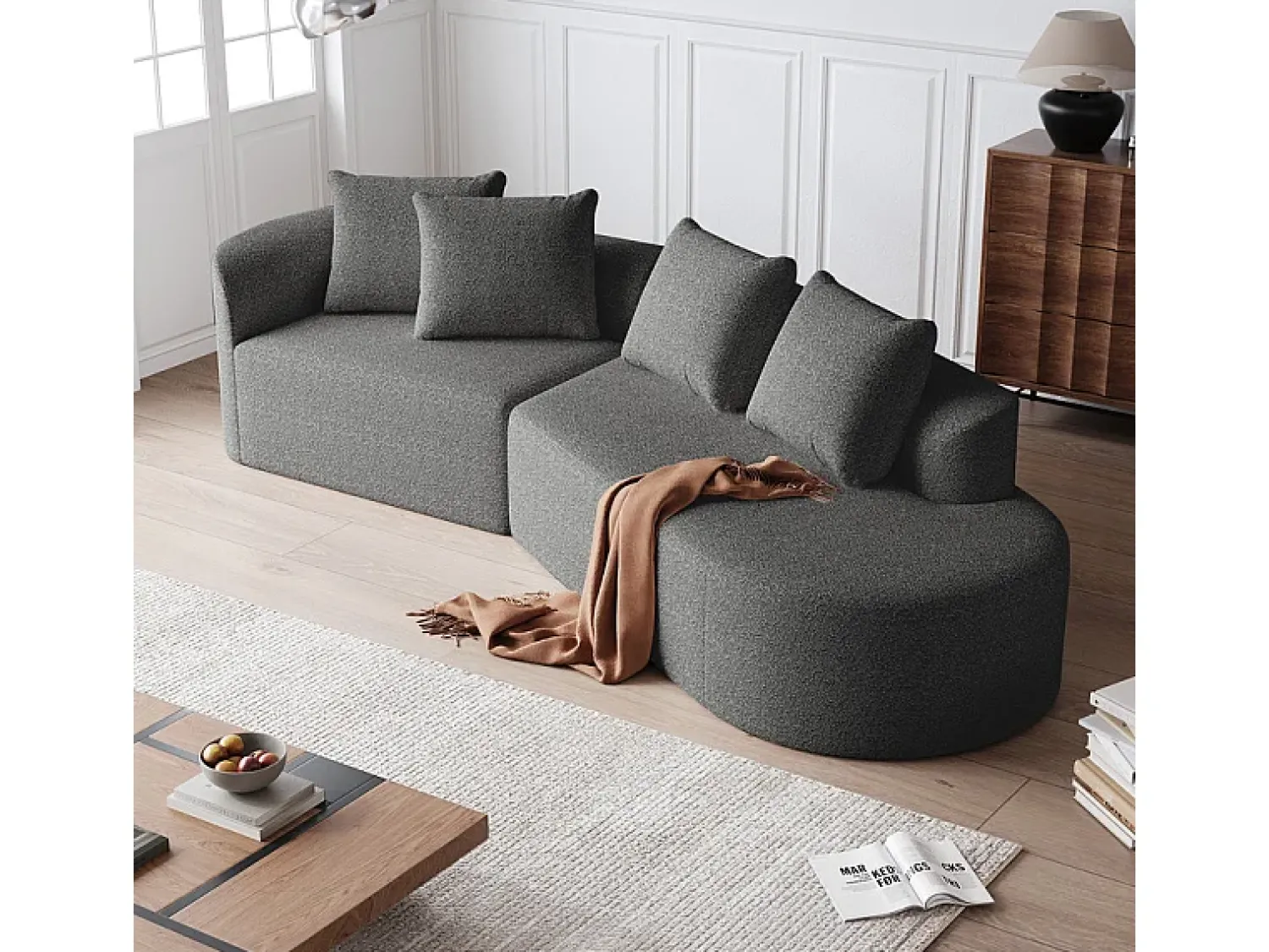 Sofá|DripeX Sofá de Canto Direito Moderno Superdimensionado 4 Lugares, com 4 Almofadas, Chaise Longue Curva, Tecido Chenille, Cinza Antracito Cinza antracite