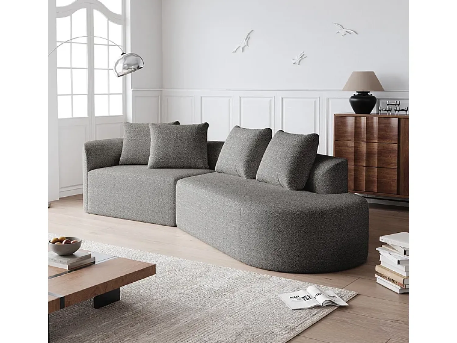 DripeX Sofá de Canto Direito Moderno Superdimensionado 4 Lugares, com 4 Almofadas, Chaise Longue Curva, Tecido Chenille, Cinza Claro^ Sofá