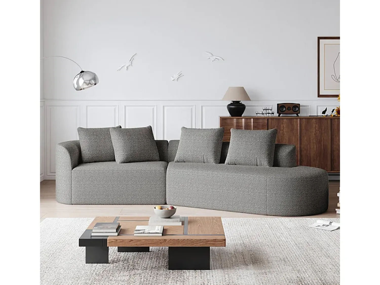 DripeX Sofá de Canto Direito Moderno Superdimensionado 4 Lugares, com 4 Almofadas, Chaise Longue Curva, Tecido Chenille, Cinza Claro^ Sofá