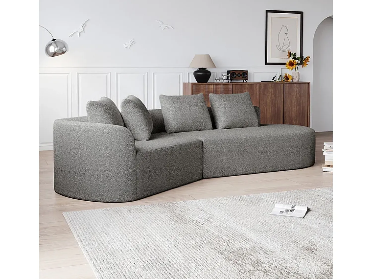 DripeX Sofá de Canto Direito Moderno Superdimensionado 4 Lugares, com 4 Almofadas, Chaise Longue Curva, Tecido Chenille, Cinza Claro^ Sofá