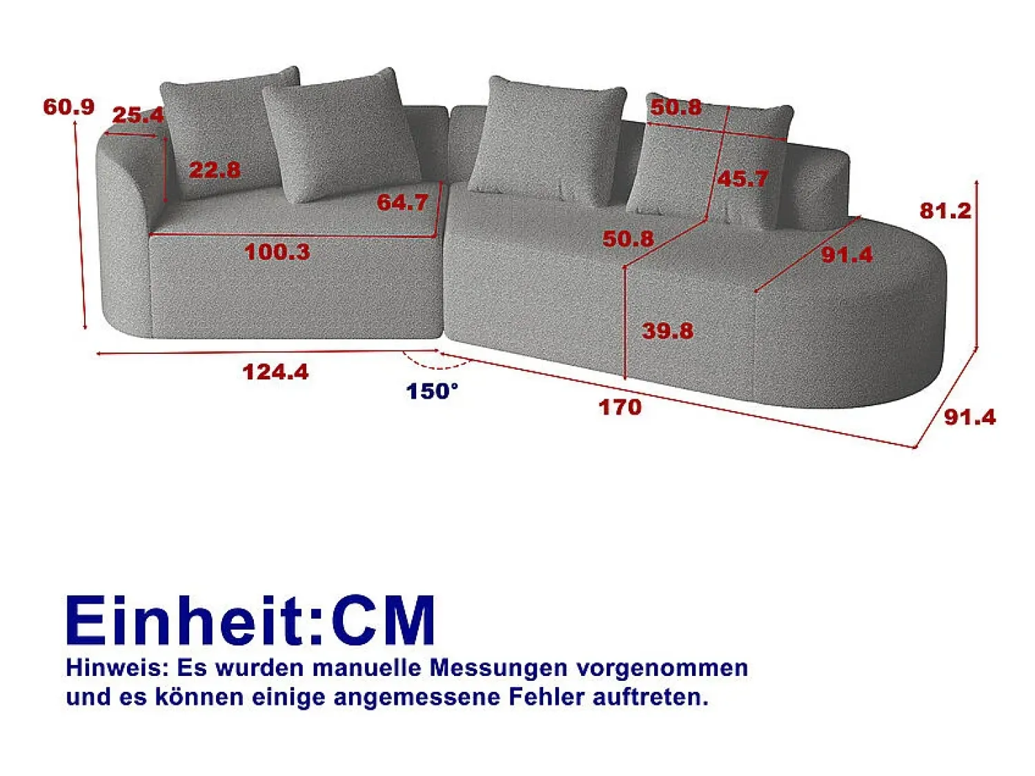 DripeX Sofá de Canto Direito Moderno Superdimensionado 4 Lugares, com 4 Almofadas, Chaise Longue Curva, Tecido Chenille, Cinza Claro^ Sofá
