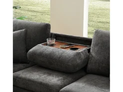 ModernLuxe Sofá de canto em chenille - con função de dormir - con USB, Type-C e lâmpada de leitura - encosto dobrável con dois porta-copos - con banco - Cinza^ Sofá