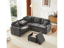 ModernLuxe Sofá de canto em chenille - con função de dormir - con USB, Type-C e lâmpada de leitura - encosto dobrável con dois porta-copos - con banco - Cinza^ Sofá