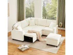 Discount ModernLuxe Sofá de canto em chenille - con función de dormir - con USB, Type-C e lâmpada de leitura - encosto dobrável con dois porta-copos - con banco - Bege