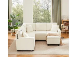 Discount ModernLuxe Sofá de canto em chenille - con función de dormir - con USB, Type-C e lâmpada de leitura - encosto dobrável con dois porta-copos - con banco - Bege