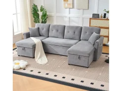 Hauss Spole Sofá de canto em forma de U com 3 lugares e espaço para arrumação - Sofá-cama em tecido chenille - Cinza^ Sofá