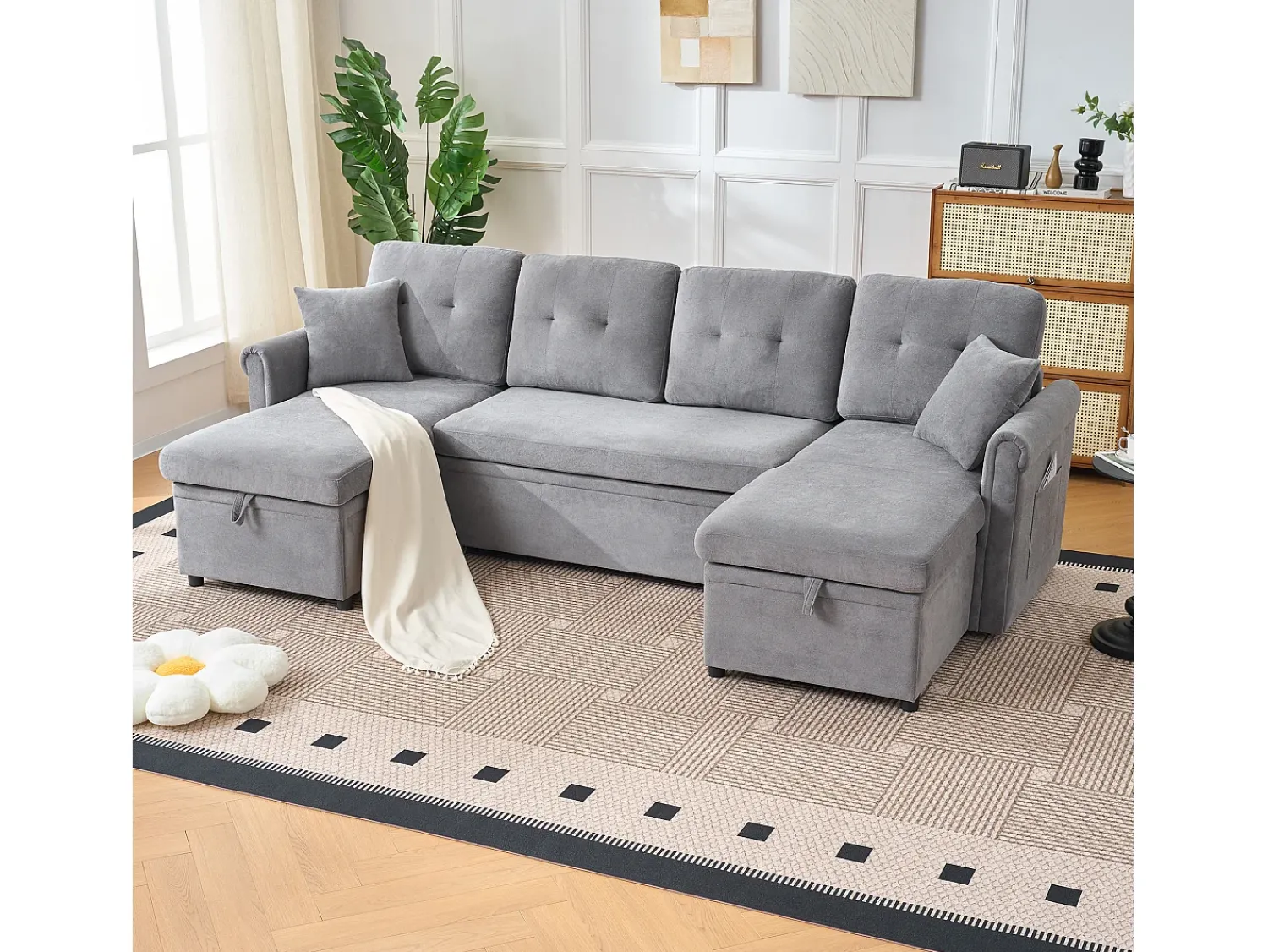 Hauss Spole Sofá de canto em forma de U com 3 lugares e espaço para arrumação - Sofá-cama em tecido chenille - Cinza^ Sofá