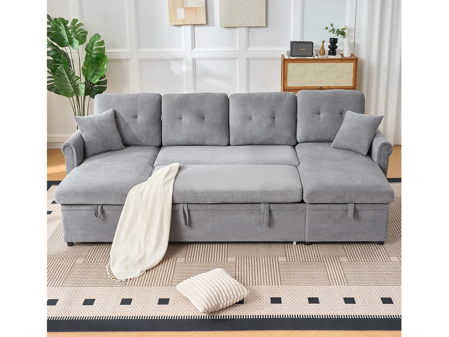 Hauss Spole Sofá de canto em forma de U com 3 lugares e espaço para arrumação - Sofá-cama em tecido chenille - Cinza^ Sofá