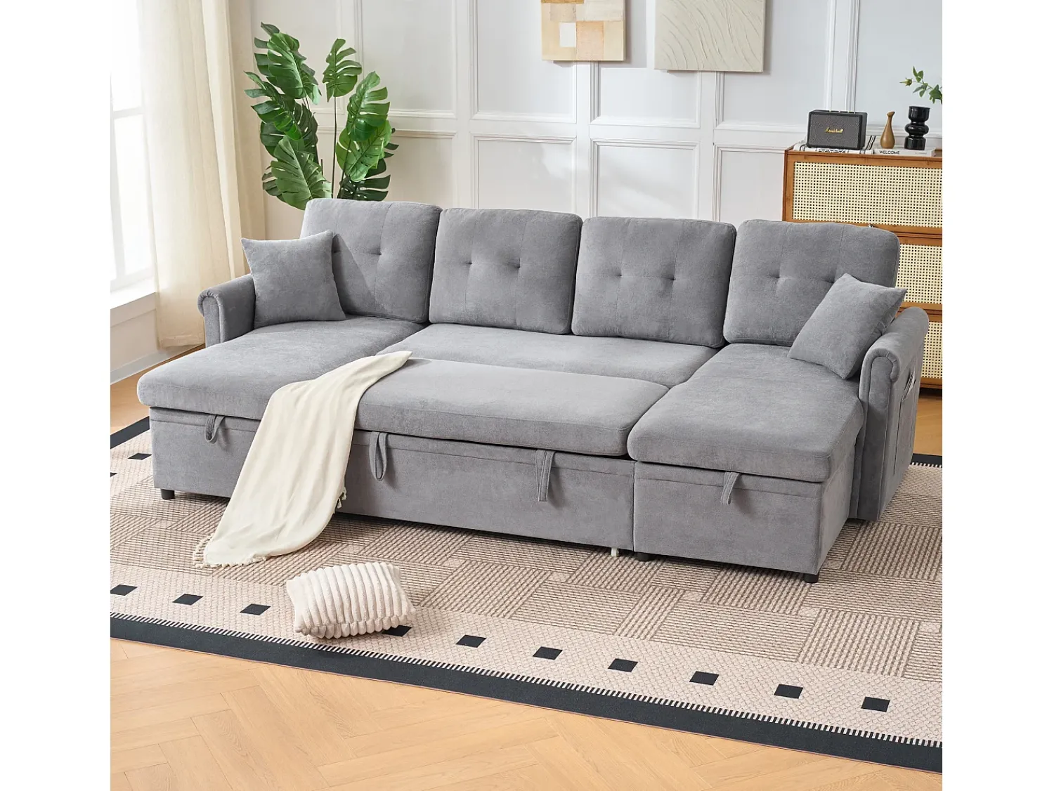 Hauss Spole Sofá de canto em forma de U com 3 lugares e espaço para arrumação - Sofá-cama em tecido chenille - Cinza^ Sofá