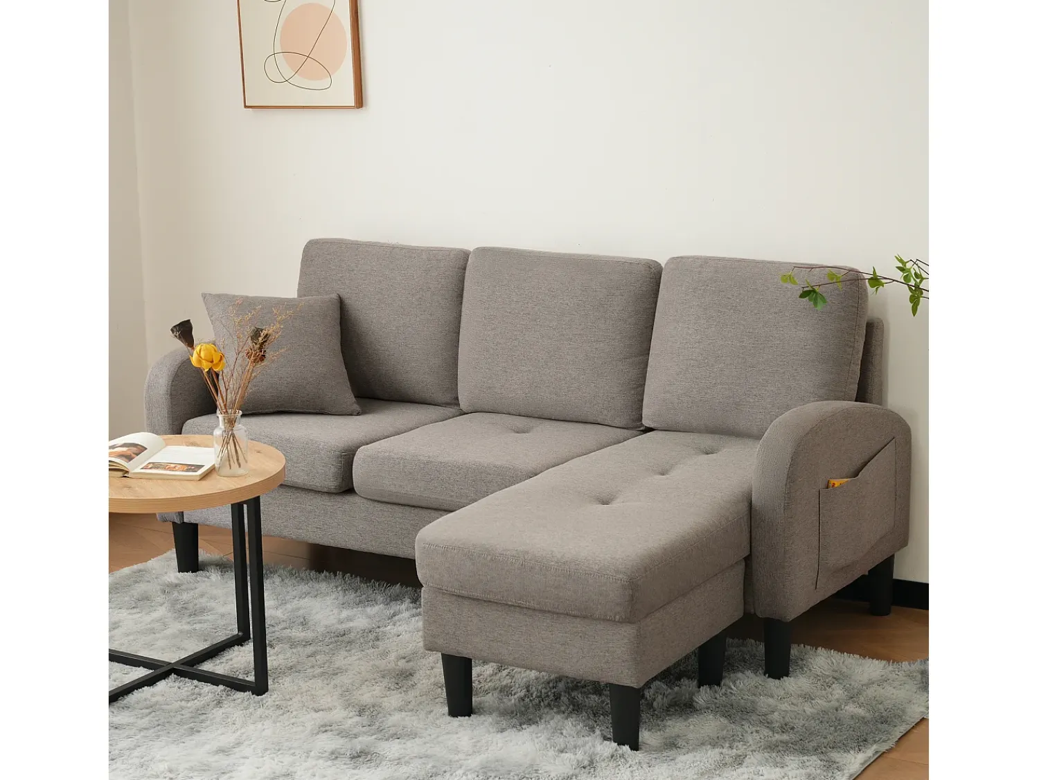 Clearance KOMHTOM Sofá de canto em forma de L, 185 x 118 x 82 cm, tecido de algodão respirável, pés de plástico, design modular, Cinzento