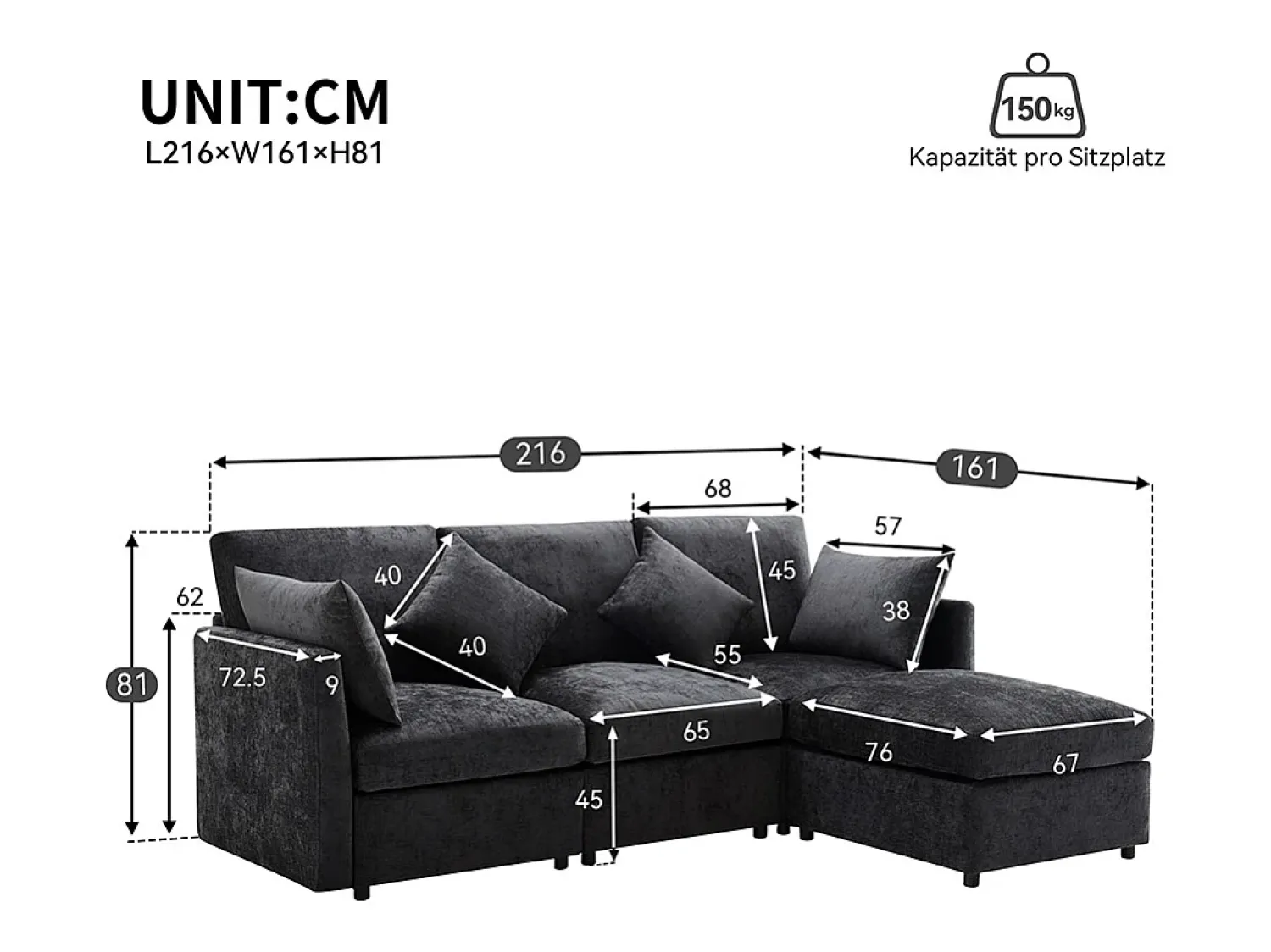 KOMHTOM Sofá de canto em forma de L, design moderno, sofá em tecido chenille, sofá de três lugares, escabelo,^ Sofá