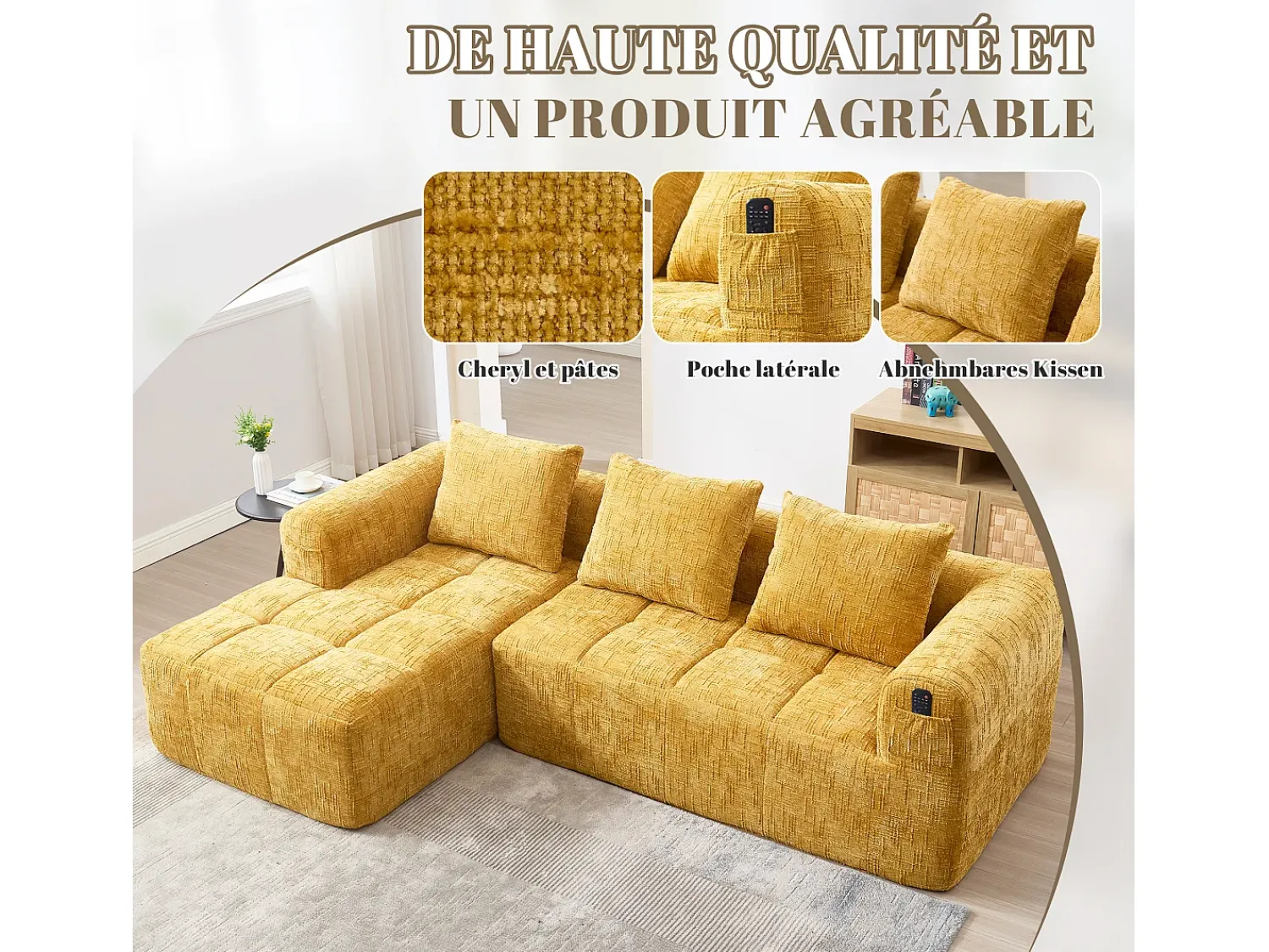 Sofá*Hauss Spole Sofá de canto em forma de L com 3 lugares, 3 almofadas e bolso lateral - Chenille Amarelo