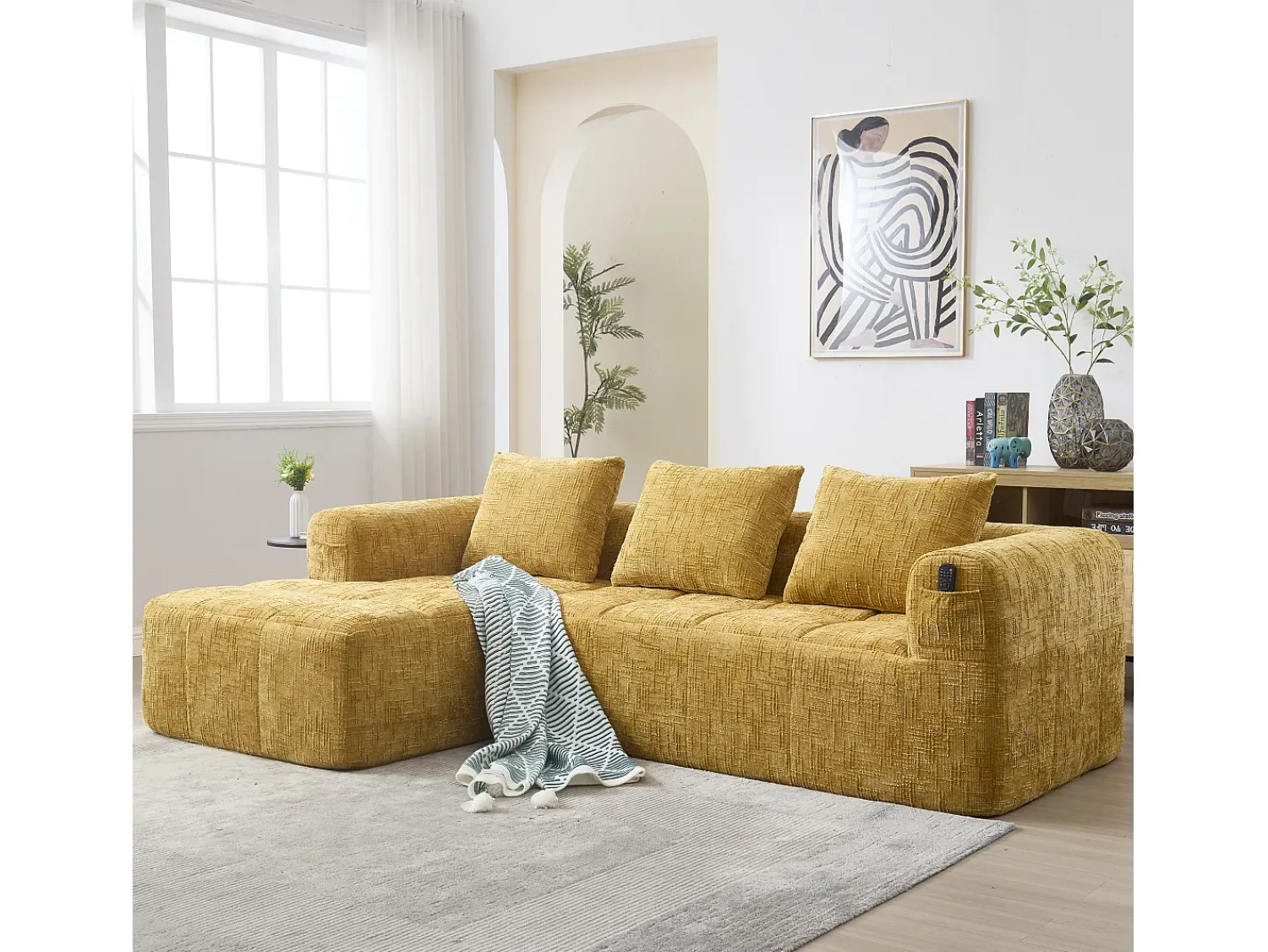 Sofá*Hauss Spole Sofá de canto em forma de L com 3 lugares, 3 almofadas e bolso lateral - Chenille Amarelo