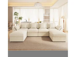 ModernLuxe Sofá de canto em forma de U - 6 lugares - con apoios de braço ajustáveis - con descanso de pés removível - Veludo canelado -^ Sofá