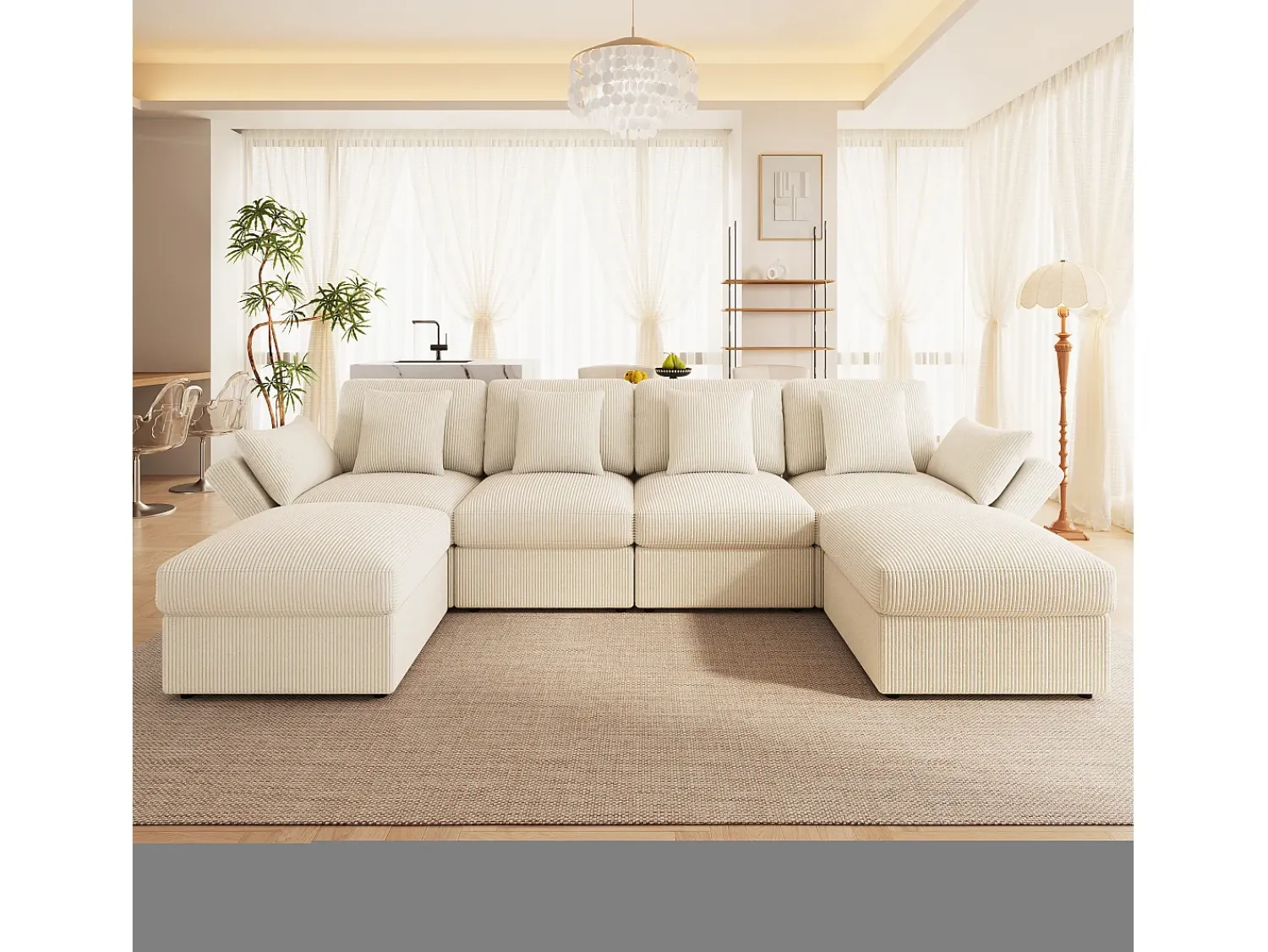 ModernLuxe Sofá de canto em forma de U - 6 lugares - con apoios de braço ajustáveis - con descanso de pés removível - Veludo canelado -^ Sofá