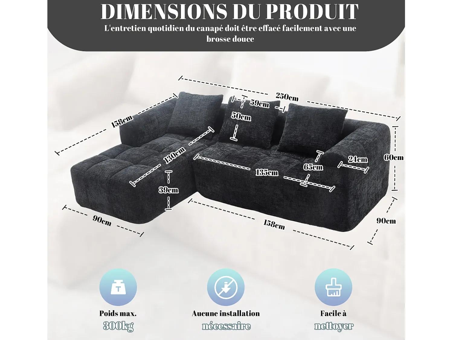 Sofá|Hauss Spole Sofá de canto em forma de L com 3 lugares, 3 almofadas e bolso lateral - Chenille Preto
