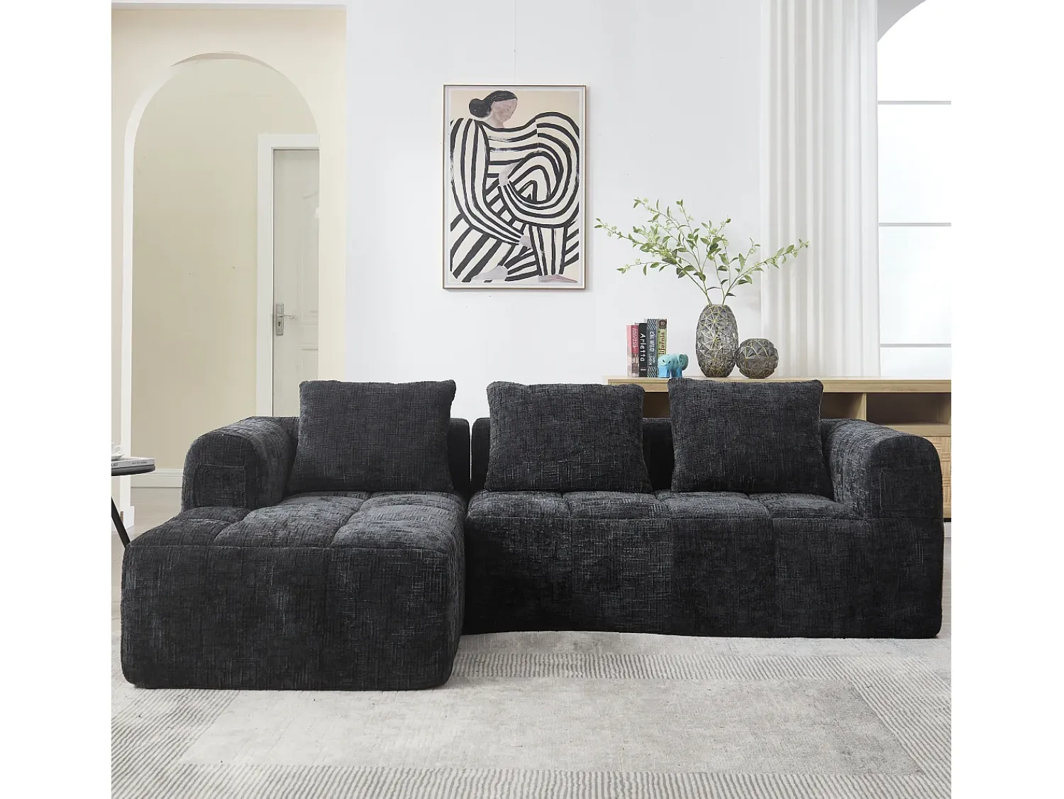 Sofá|Hauss Spole Sofá de canto em forma de L com 3 lugares, 3 almofadas e bolso lateral - Chenille Preto