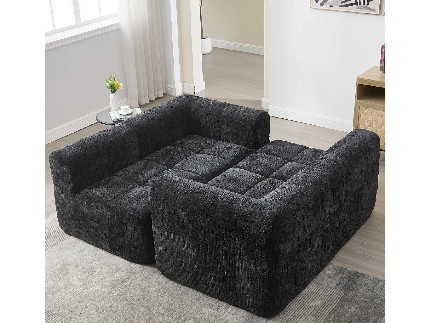 Sofá|Hauss Spole Sofá de canto em forma de L com 3 lugares, 3 almofadas e bolso lateral - Chenille Preto