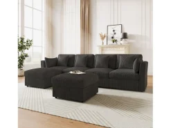 Clearance ModernLuxe Sofá de canto em forma de U - 6 lugares - con apoios de braço ajustáveis - con descanso de pés removível - Veludo canelado - cinza Cinzento