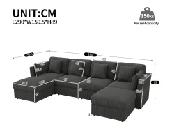 Clearance ModernLuxe Sofá de canto em forma de U - 6 lugares - con apoios de braço ajustáveis - con descanso de pés removível - Veludo canelado - cinza Cinzento