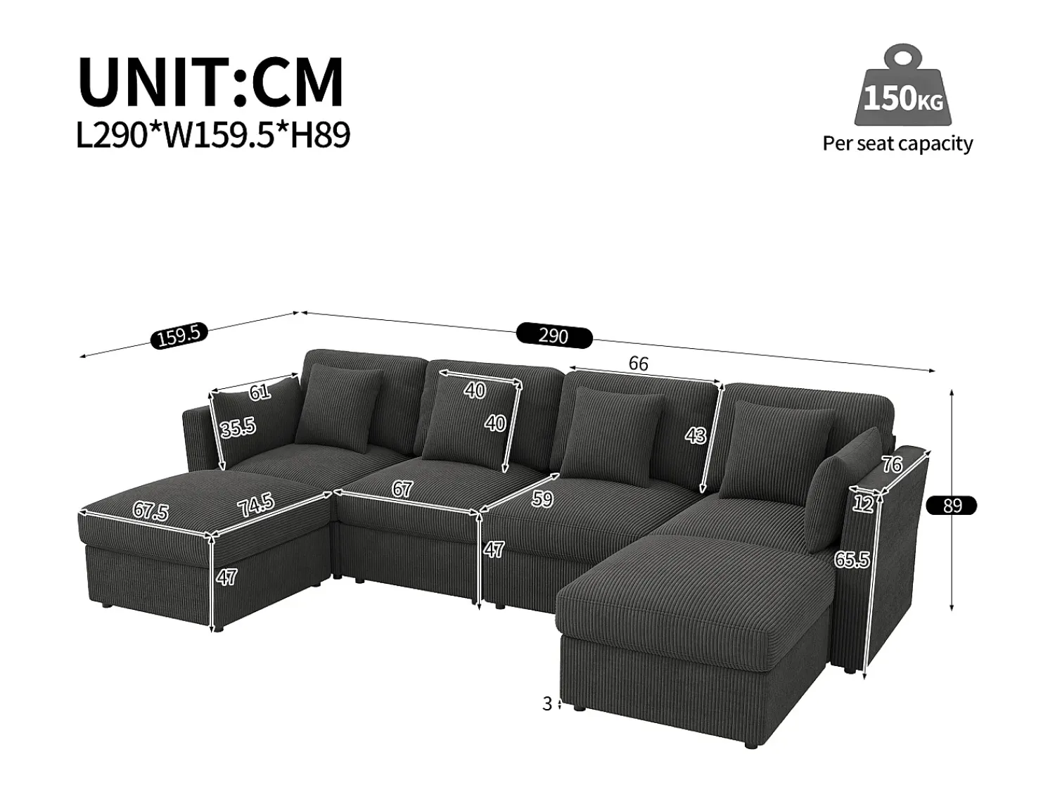 Clearance ModernLuxe Sofá de canto em forma de U - 6 lugares - con apoios de braço ajustáveis - con descanso de pés removível - Veludo canelado - cinza Cinzento