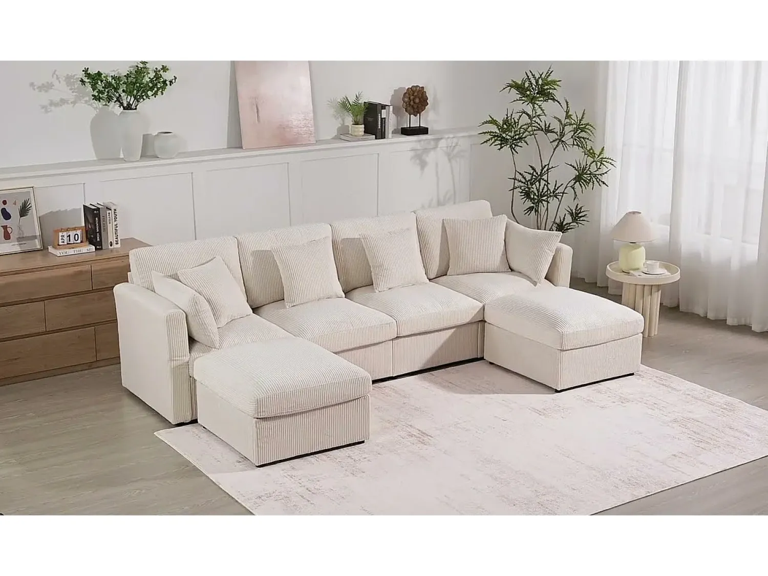 Clearance ModernLuxe Sofá de canto em forma de U - 6 lugares - con apoios de braço ajustáveis - con descanso de pés removível - Veludo canelado - cinza Cinzento