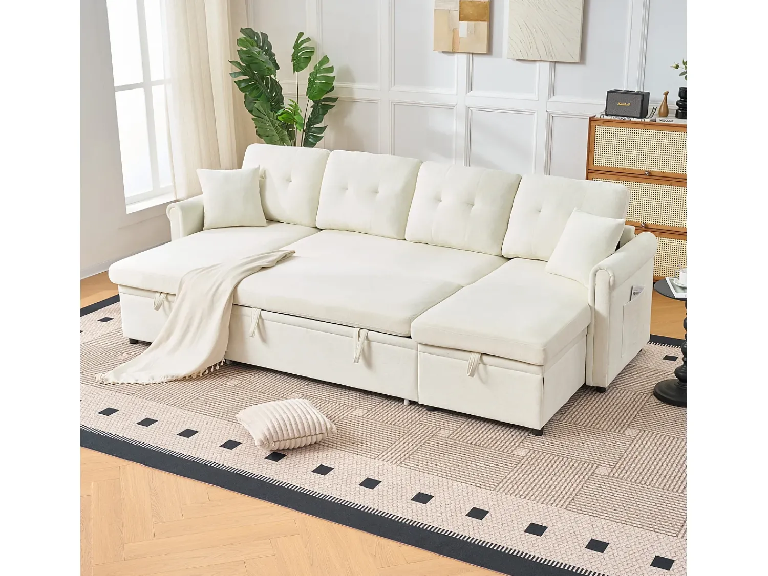 Best Hauss Spole Sofá de canto em forma de U com 3 lugares e espaço para arrumação - Sofá-cama em tecido chenille - Bege