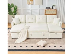 Best Hauss Spole Sofá de canto em forma de U com 3 lugares e espaço para arrumação - Sofá-cama em tecido chenille - Bege