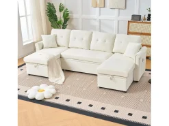 Best Hauss Spole Sofá de canto em forma de U com 3 lugares e espaço para arrumação - Sofá-cama em tecido chenille - Bege
