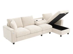 Best Hauss Spole Sofá de canto em formato L com 4 lugares, com entradas USB e Type-C e espaço para arrumação - Tecido chenille Bege